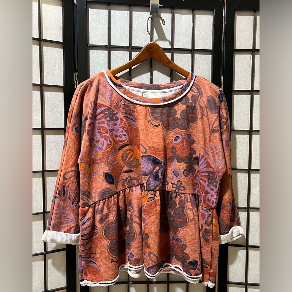 ANTHROPOLOGIE SATURDAY/SUNDAY Boho Floral Peplum Top in Rust and Purple SIZE S